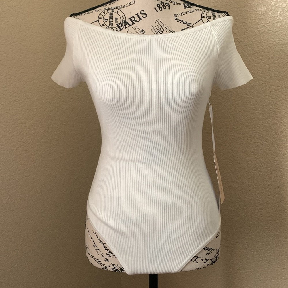Sweet Rain Off-white Ribbed Off-Shoulder Bodysuit One Piece